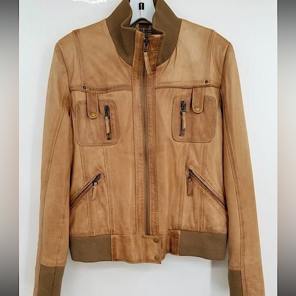 Gian Mori lambskin leather tan bomber jacket